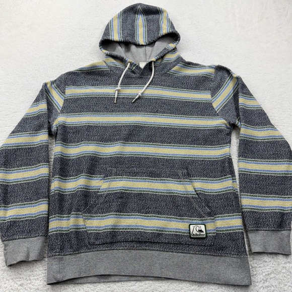 Quiksilver Other - Quiksilver Men's Striped Hoodie Pullover Sweatshirt Large Gray Blue Yellow